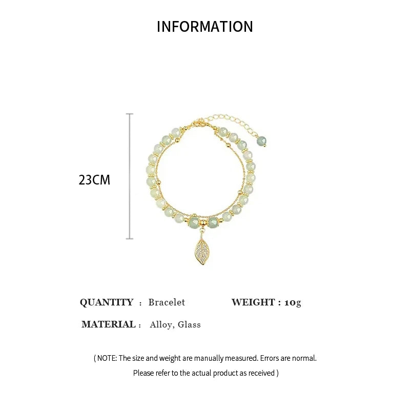 Style Green Jade Bracelet For Women Exquisite Gold Color Leaves Wrist Strap Bangle Double Chain Bracelet Girls Gifts