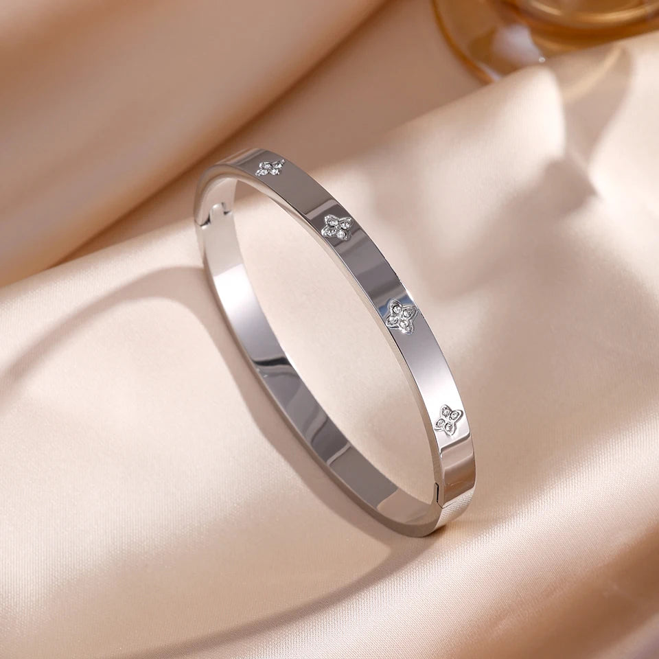 Sparkling Zirconia Inlaid Stainless Steel Bracelet Set for Women Stackable Bangles Fashion Non Fading Jewelry Gift