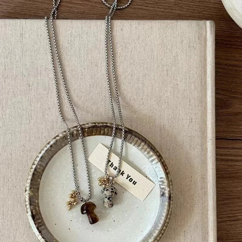 Spotted Tiger Eye Stone Mushroom Pendant Long Versatile Clavicle Chain Necklace for Women's Niche Exquisite Accessories