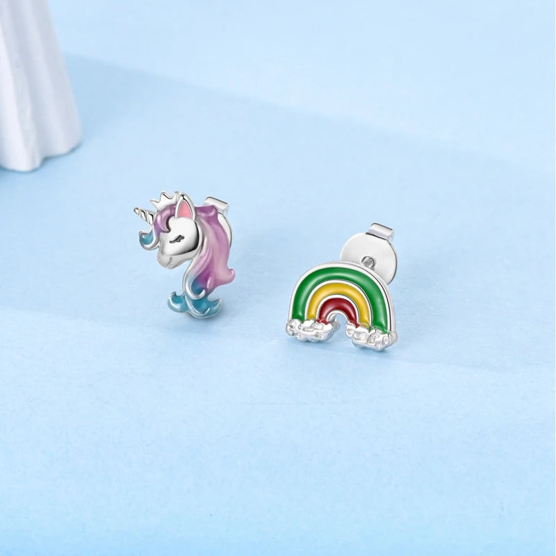 Silver Unicorn Rainbow Horse Sparkling Color Gemstone Women's Sweet Earrings Fit for Anniversary Engagement Delicate Jewelry
