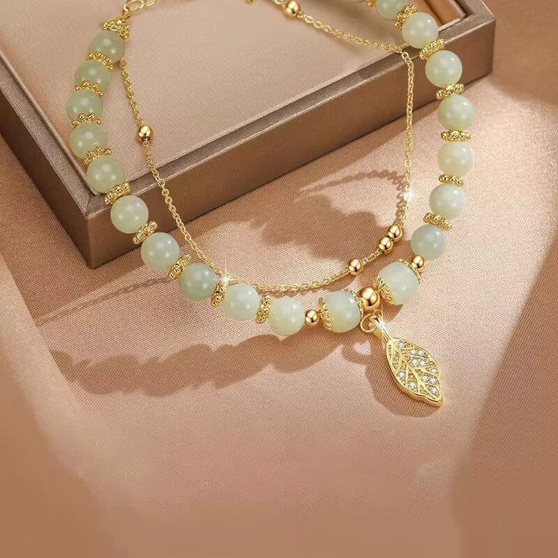 Style Green Jade Bracelet For Women Exquisite Gold Color Leaves Wrist Strap Bangle Double Chain Bracelet Girls Gifts