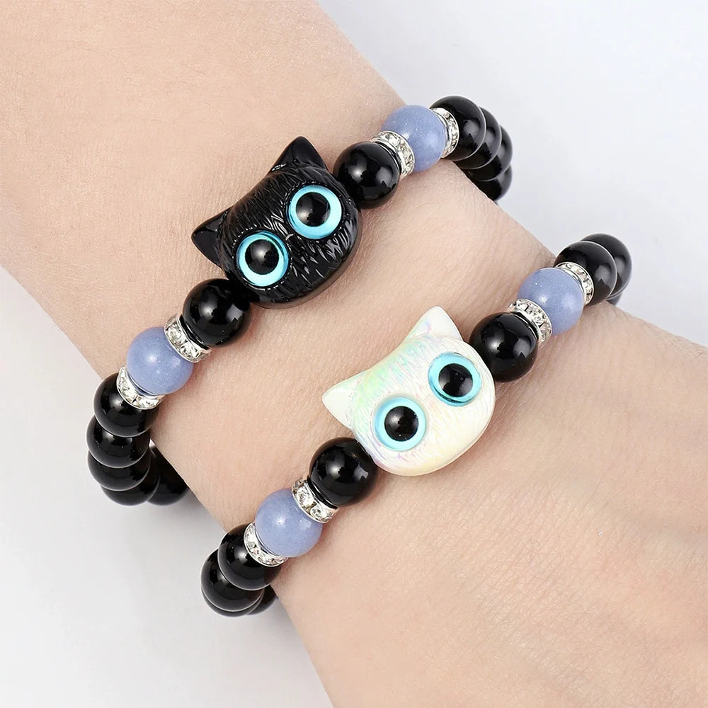 1 PC Matching Bracelets Couples Women Men Luminous Cute Cat Friendship Bracelete Black White Cat Head Bead Strand Bracelet