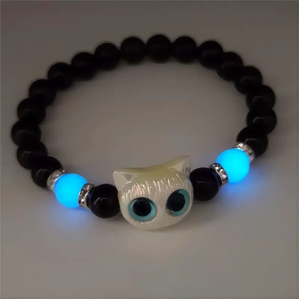1 PC Matching Bracelets Couples Women Men Luminous Cute Cat Friendship Bracelete Black White Cat Head Bead Strand Bracelet