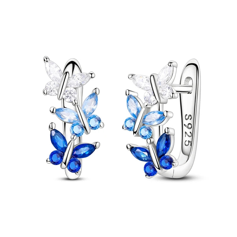 Original Sterling Silver Blue Zirconium Butterfly Earrings Colored Hoop Earrings Women Female Party Fine Earring Jewelry