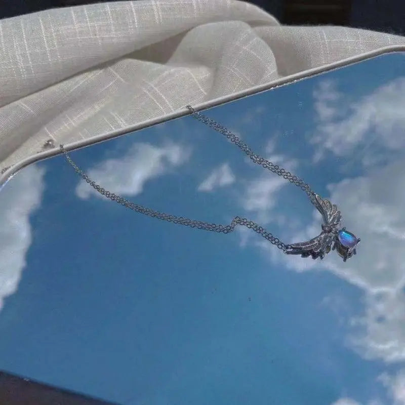 3D Necklace, Light Luxury Angel Wings Pendant Necklace Ladies Fashion Exquisite Moonstone Collarbone Necklace Delicate Wedding Jewelry