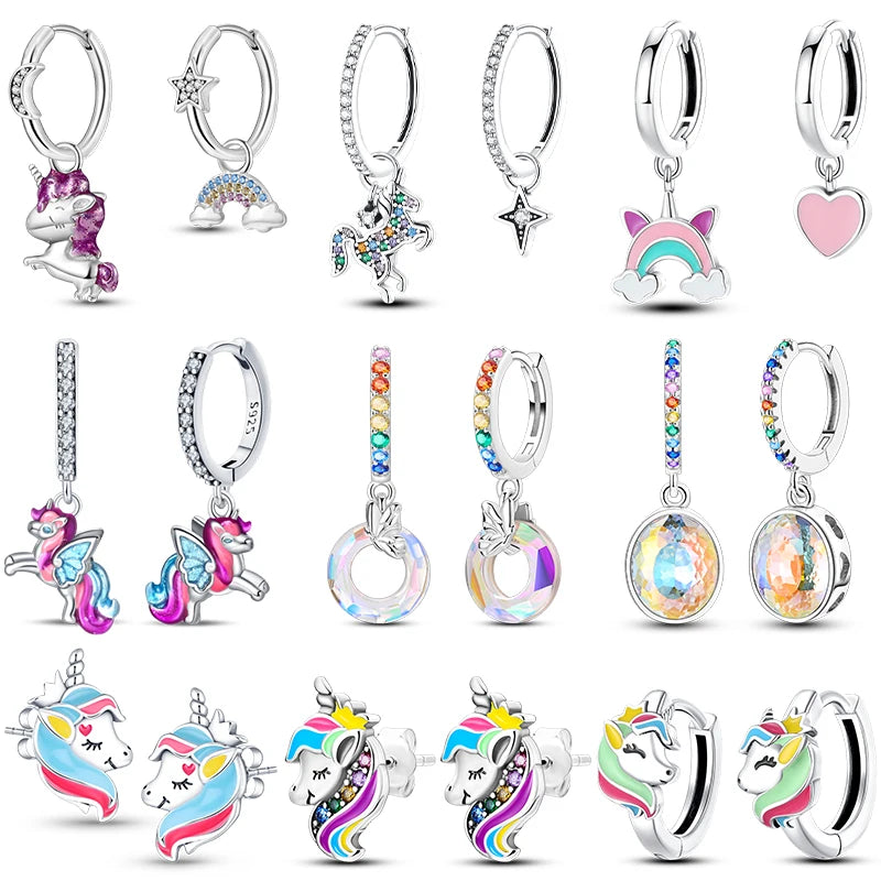 Silver Unicorn Rainbow Horse Sparkling Color Gemstone Women's Sweet Earrings Fit for Anniversary Engagement Delicate Jewelry