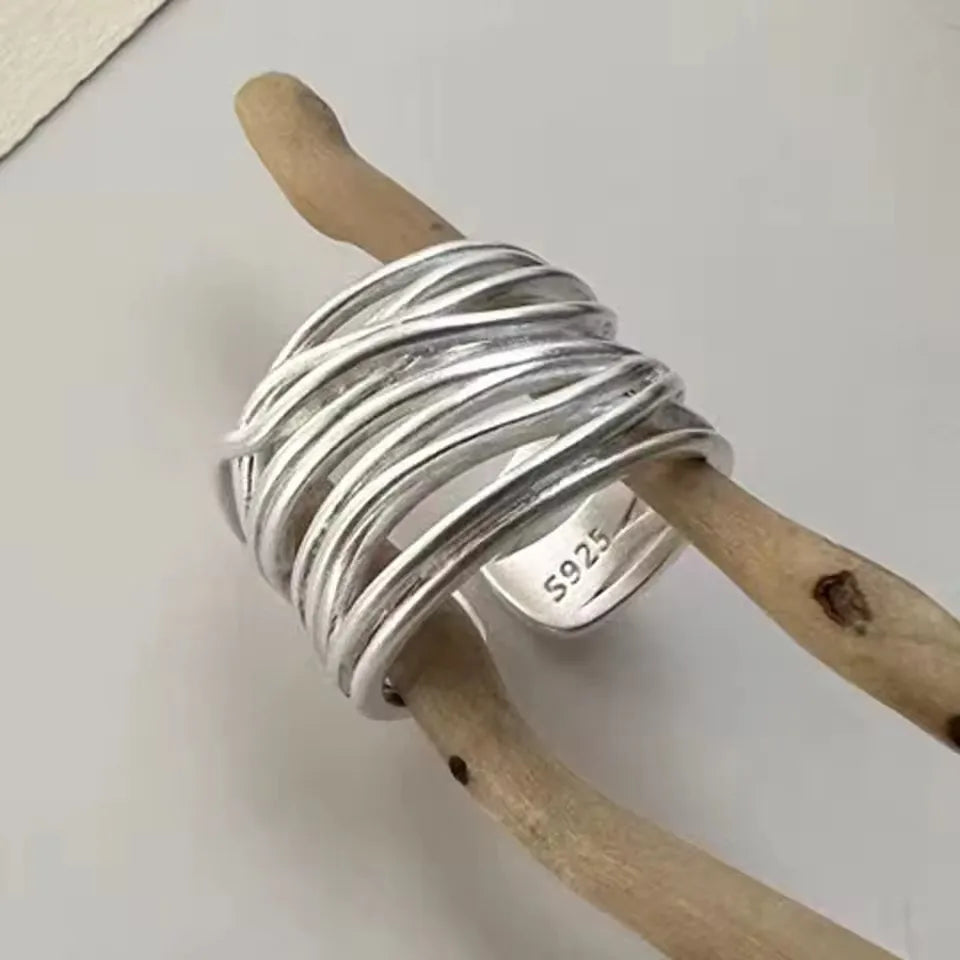 Sterling Silver Rings , Hip Hop Vintage Couples Hollow Lines Punk Thai Silver Party Adjustable  Jewelry