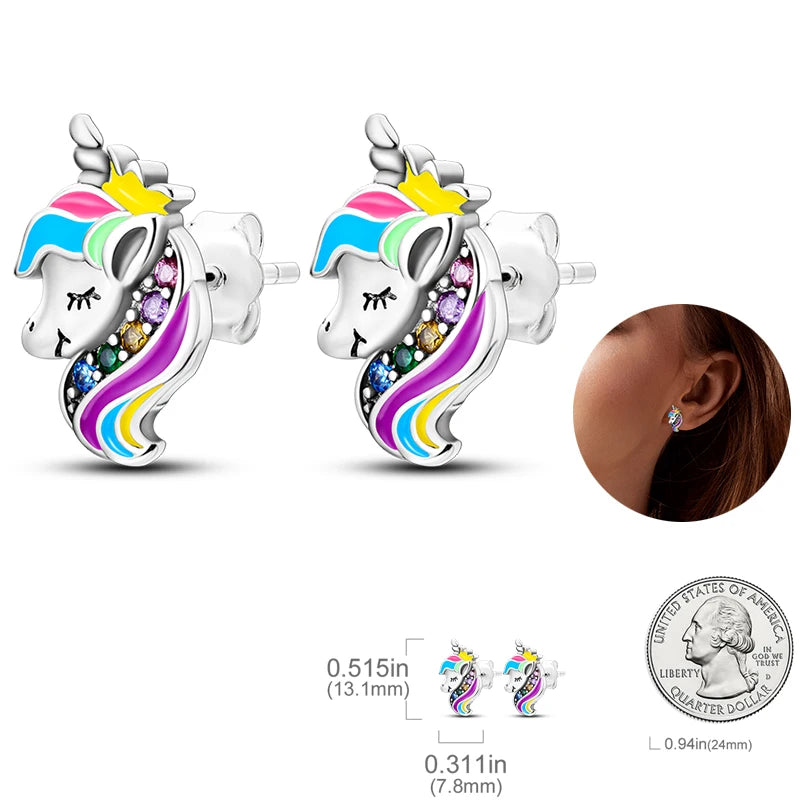 Silver Unicorn Rainbow Horse Sparkling Color Gemstone Women's Sweet Earrings Fit for Anniversary Engagement Delicate Jewelry