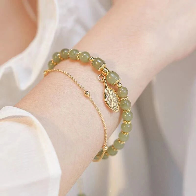 Style Green Jade Bracelet For Women Exquisite Gold Color Leaves Wrist Strap Bangle Double Chain Bracelet Girls Gifts