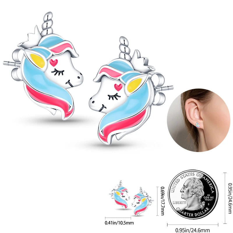 Silver Unicorn Rainbow Horse Sparkling Color Gemstone Women's Sweet Earrings Fit for Anniversary Engagement Delicate Jewelry