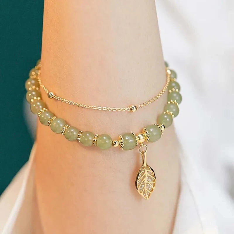 Style Green Jade Bracelet For Women Exquisite Gold Color Leaves Wrist Strap Bangle Double Chain Bracelet Girls Gifts