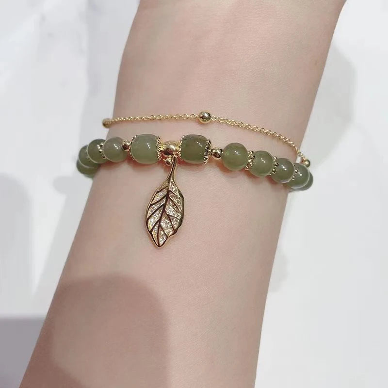 Style Green Jade Bracelet For Women Exquisite Gold Color Leaves Wrist Strap Bangle Double Chain Bracelet Girls Gifts