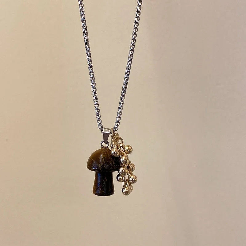 Spotted Tiger Eye Stone Mushroom Pendant Long Versatile Clavicle Chain Necklace for Women's Niche Exquisite Accessories
