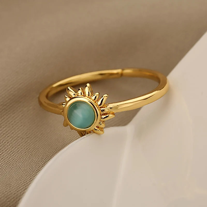 Stainless Steel Opal Stone Sun Rings For Women Men Sun Star Decor Open Rings Gold Color Aesthetic Romantic Couple Jewelry Gift