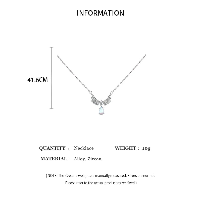 3D Necklace, Light Luxury Angel Wings Pendant Necklace Ladies Fashion Exquisite Moonstone Collarbone Necklace Delicate Wedding Jewelry
