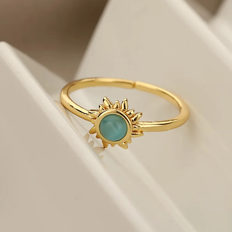 Stainless Steel Opal Stone Sun Rings For Women Men Sun Star Decor Open Rings Gold Color Aesthetic Romantic Couple Jewelry Gift