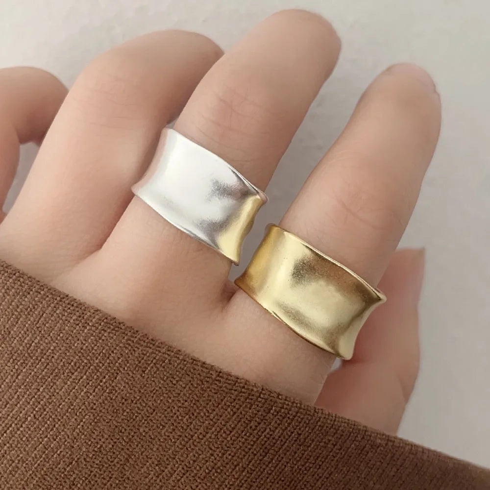 Sterling Silver Rings For Women Simple Finger Open Vintage Gold Wide Flat Ring Allergy For Party Birthday Gift