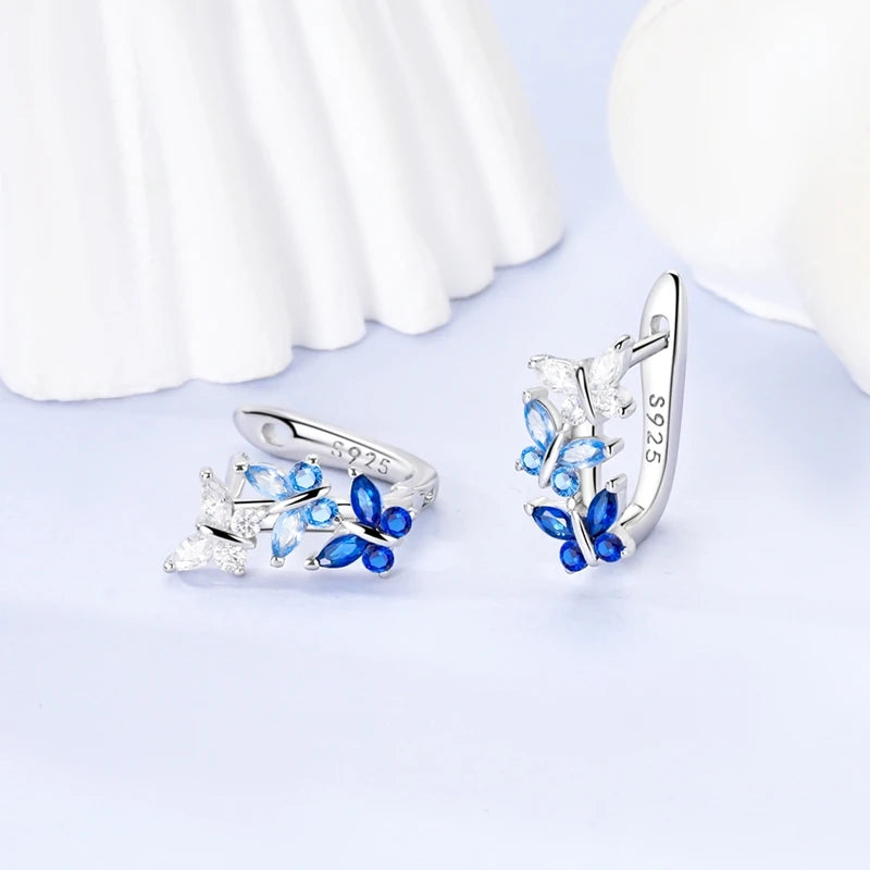 Original Sterling Silver Blue Zirconium Butterfly Earrings Colored Hoop Earrings Women Female Party Fine Earring Jewelry