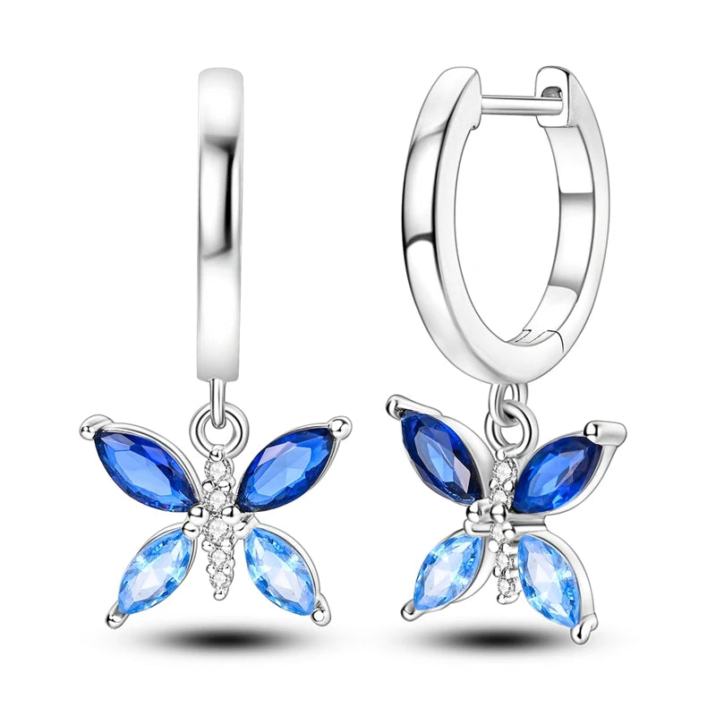 Original Sterling Silver Blue Zirconium Butterfly Earrings Colored Hoop Earrings Women Female Party Fine Earring Jewelry