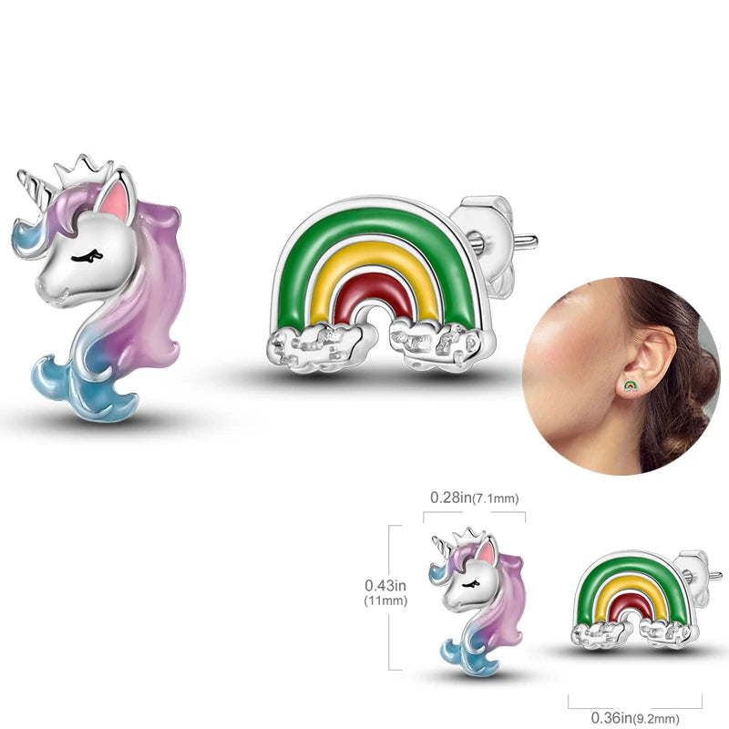 Silver Unicorn Rainbow Horse Sparkling Color Gemstone Women's Sweet Earrings Fit for Anniversary Engagement Delicate Jewelry