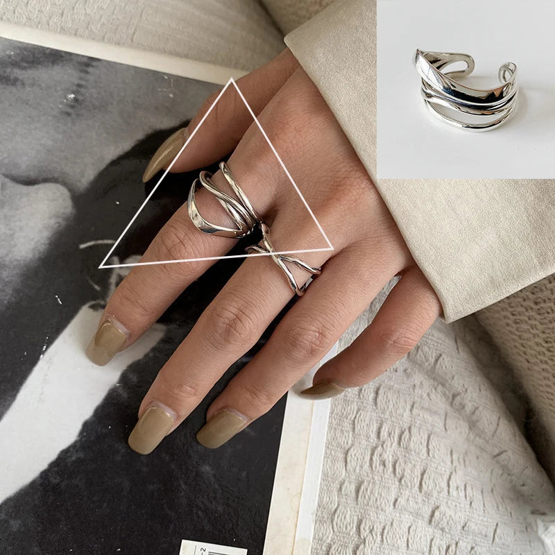 Sterling Silver Rings , Hip Hop Vintage Couples Hollow Lines Punk Thai Silver Party Adjustable  Jewelry
