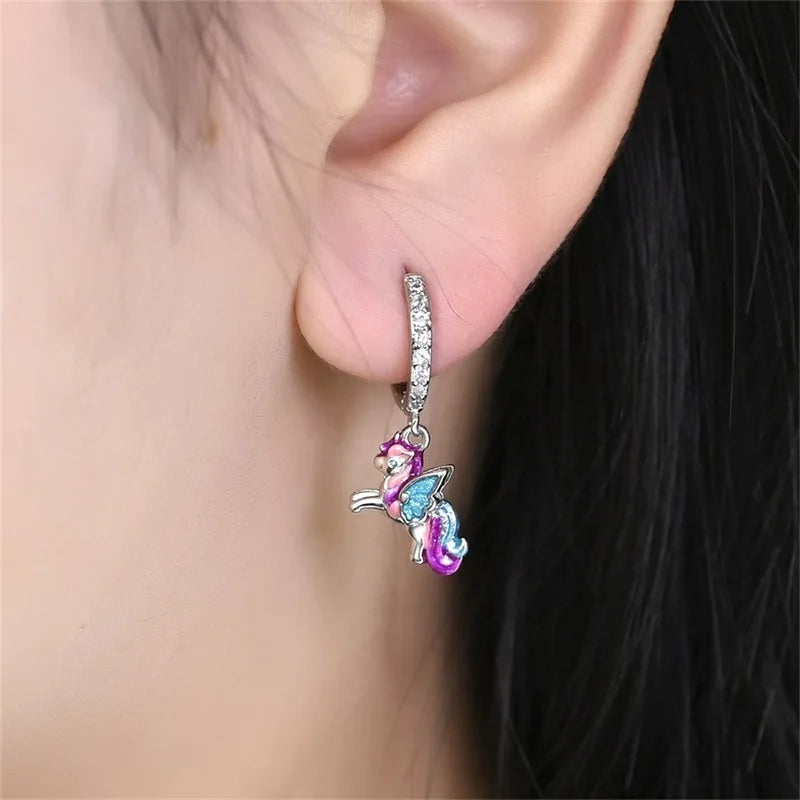Silver Unicorn Rainbow Horse Sparkling Color Gemstone Women's Sweet Earrings Fit for Anniversary Engagement Delicate Jewelry