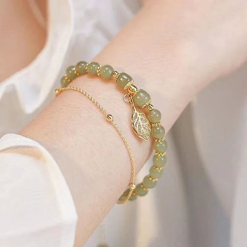 Style Green Jade Bracelet For Women Exquisite Gold Color Leaves Wrist Strap Bangle Double Chain Bracelet Girls Gifts